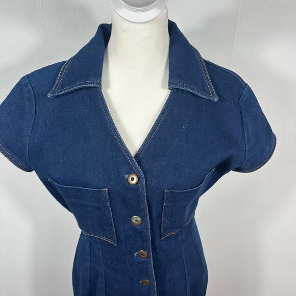 VTG Vesti Denim Shirt Dress Blue Button Front Midi Short Sleeve Utility Retro L - Picture 11 of 13